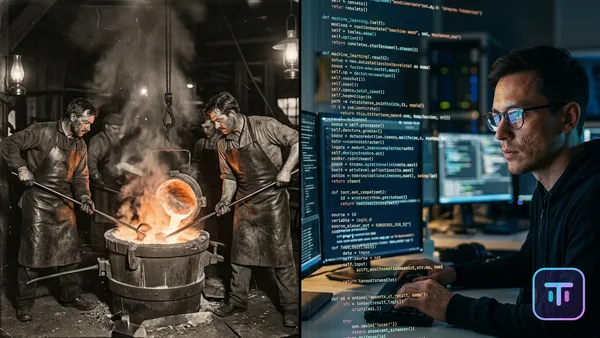 Geteilter Bildschirm, der die Aluminiumschmelze des 19. Jahrhunderts im Vergleich zum modernen KI-Code-Stream zeigt