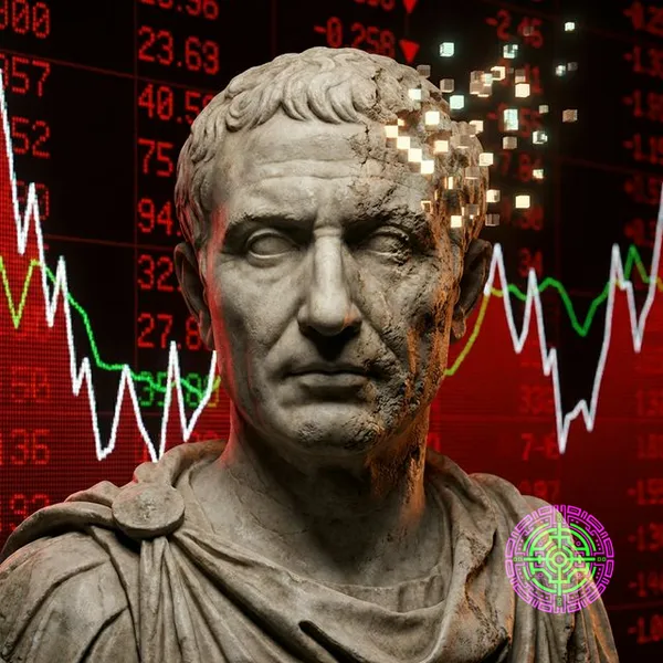 A marble bust of a Roman senator crumbling into digital pixels against a stark red stock market chart background.