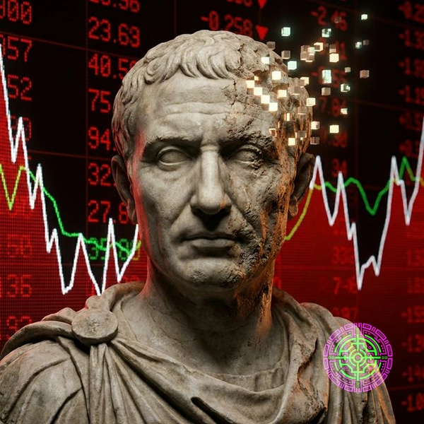 A marble bust of a Roman senator crumbling into digital pixels against a stark red stock market chart background.