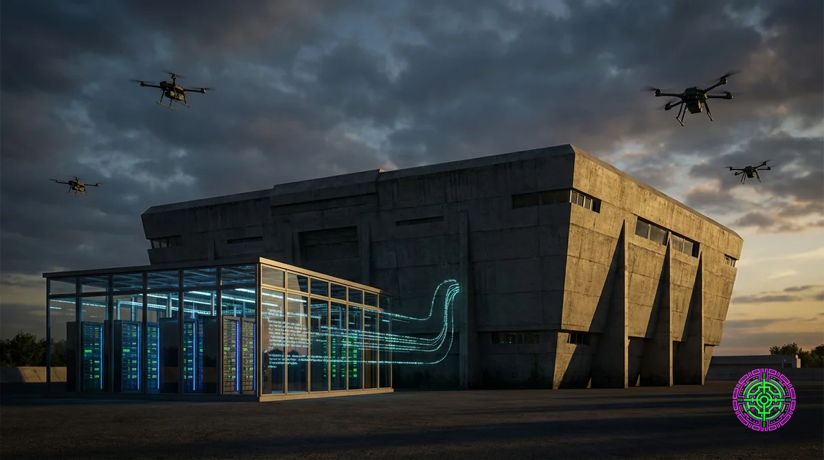 Composición cinematográfica ultra ancha 16:9, un imponente edificio brutalista de hormigón del Pentágono que se alza sobre una pequeña instalación de servidores de centros de datos de vidrio, líneas de código brillantes que los conectan, drones militares en el cielo oscuro, fotorrealista, iluminación dramática, sin texto