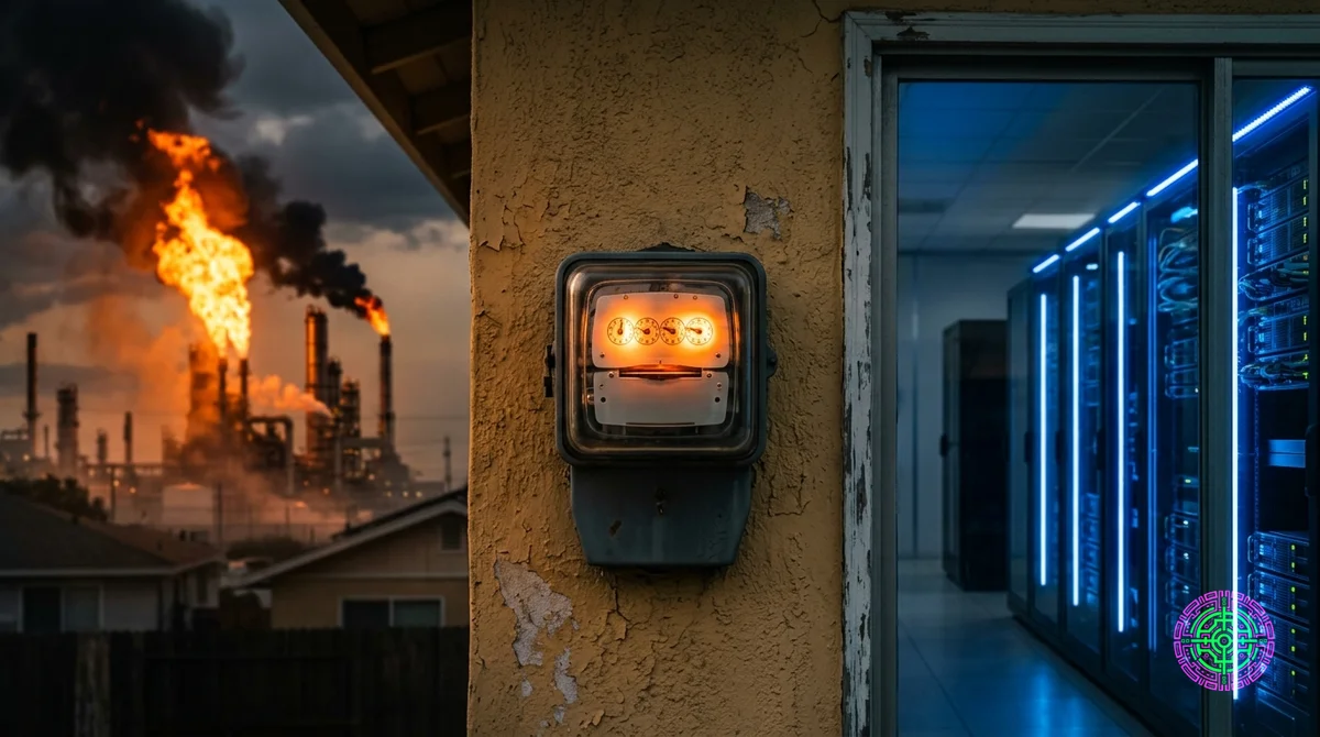 住宅用電気メーターが真っ赤に光り、片側には石油精製所の炎の壁、もう片側にはサーバーラックの青い光に挟まれています。