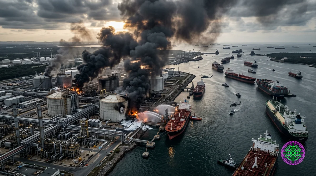 Kinematische Ultra-Breitbildkomposition 16:9, fotorealistisches, hyperdetailliertes Industrie-LNG-Terminal unter bedrohlichen dunklen Rauchwolken, Nachwirkungen eines Drohnenangriffs, massive Frachtflotten, die in einer blockierten Wasserstraße einen Engpass bilden, bedrohliche dramatische Beleuchtung, hoher Kontrast