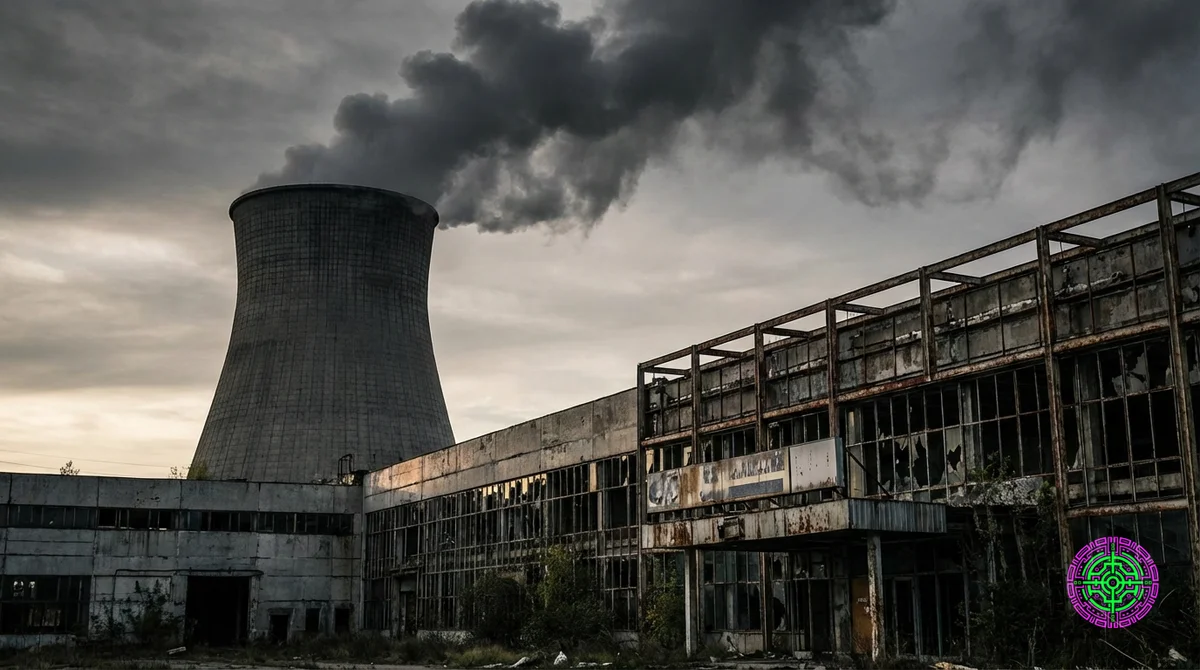 Una enorme torre de refrigeración de una central eléctrica de carbón que emite humo junto a una fábrica abandonada de vehículos eléctricos, que simboliza la colisión entre la infraestructura fósil heredada y la inversión varada en energía limpia.
