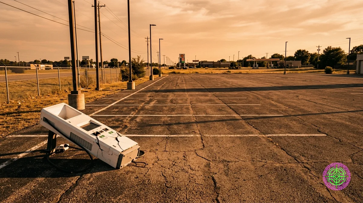 Ein riesiges, leeres Autohausgrundstück in einem sonnengebleichten amerikanischen Vorort mit einer einzelnen umgestürzten Ladestation für Elektrofahrzeuge im Vordergrund und einem Benzinpreisschild mit der Aufschrift 4,29 $ im Hintergrund
