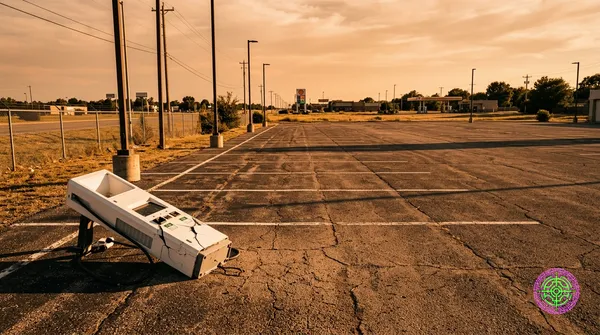 A vast empty car dealership lot in a sun-bleached American suburb with a single overturned electric vehicle charging station in the foreground and a gas price sign reading $4.29 in the background