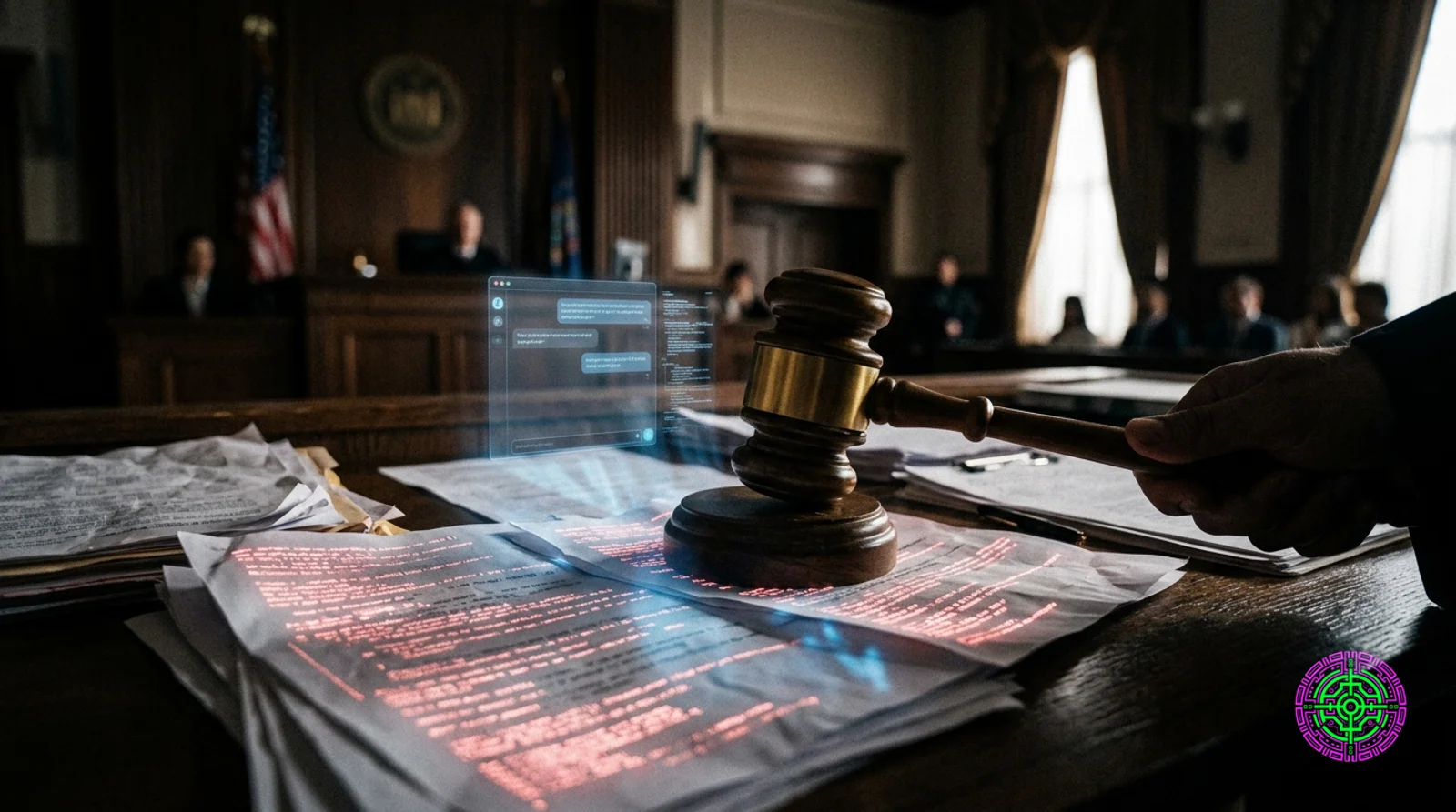 A massive brass scale of justice tilted sharply to one side, the heavy pan overflowing with crumpled legal documents and glowing AI-generated text, the light pan holding a single gavel, dramatic chiaroscuro courtroom lighting, photojournalistic style, 16:9 ultra-wide composition