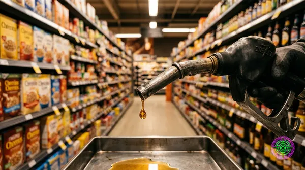 Dramatic close-up of a diesel fuel pump nozzle dripping golden fuel against a backdrop of endless grocery store shelves stretching to the horizon, warm amber lighting, cinematic ultra-wide 16:9 composition, photorealistic