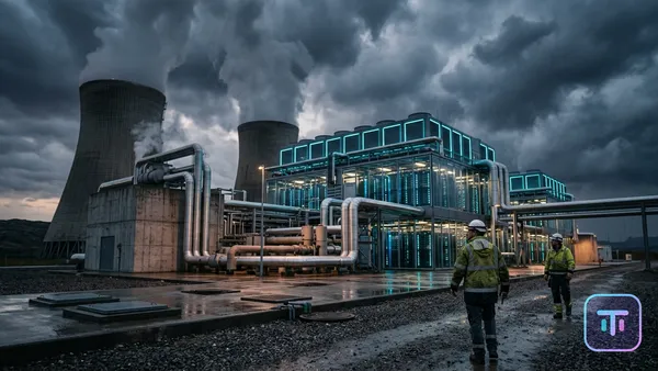 Un centro de datos futurista que brilla con luz azul conectado directamente a las enormes torres de refrigeración de una central nuclear bajo un cielo tormentoso.