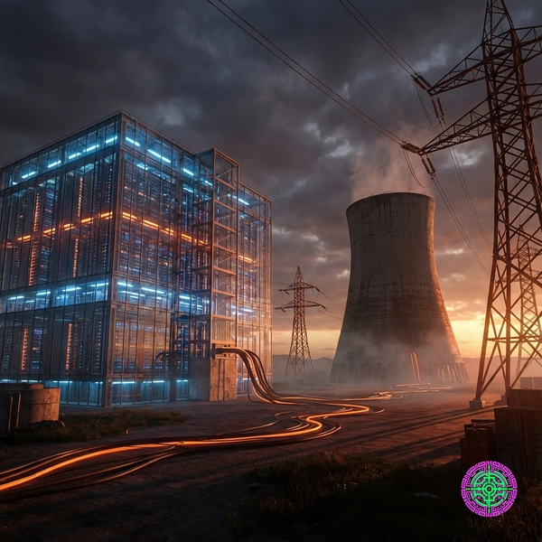 A futuristic data center glowing with blue light connected directly to massive cooling towers of a nuclear power plant under a stormy sky.
