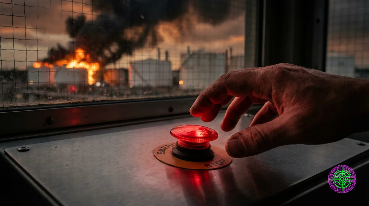 une main tendue planant au-dessus d'un bouton rougeoyant d'arrêt d'urgence sur un panneau de commande en acier, avec des réservoirs de stockage de pétrole en feu et une épaisse fumée noire visible à travers une fenêtre renforcée derrière lui, éclairage cramoisi spectaculaire