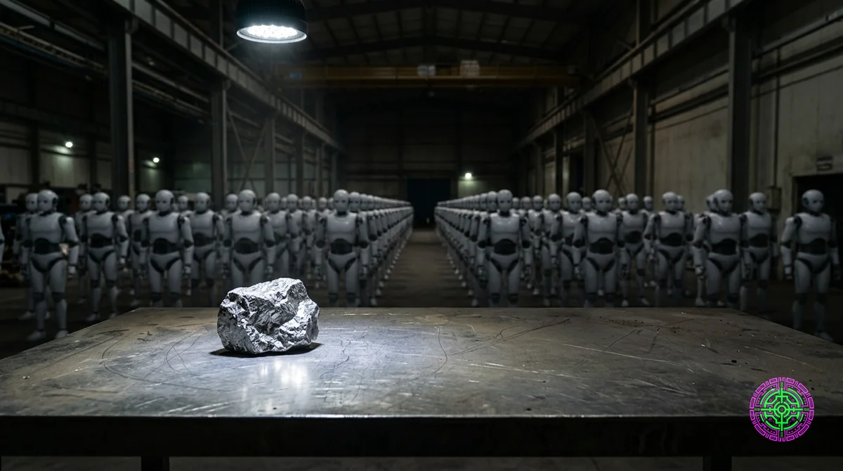 Un mur massif de minerai de néodyme brut bloquant une ligne de robots humanoïdes sur le sol d'une usine, éclairé par un éclairage industriel dur.