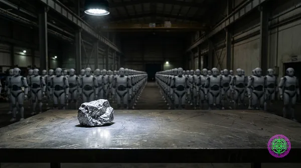 Eine massive Wand aus rohem Neodym-Erz, die eine Reihe humanoider Roboter in einer Fabrikhalle blockiert, beleuchtet von greller Industriebeleuchtung.