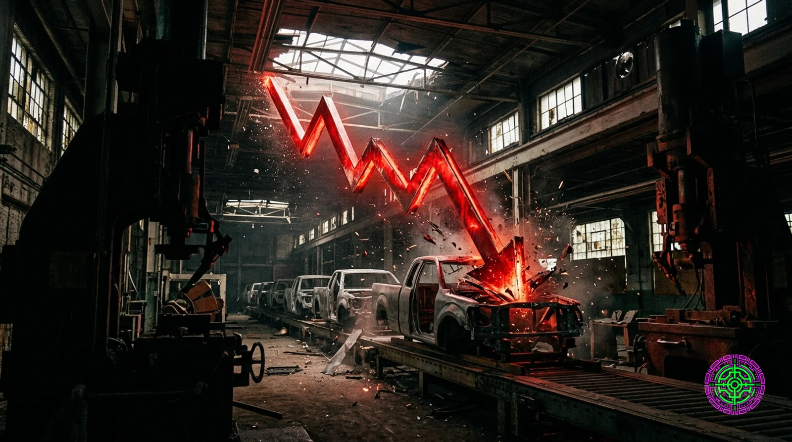 An abandoned Detroit automobile assembly line smashed by a massive glowing red stock market chart plummeting through the ceiling