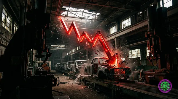 Eine verlassene Automobilmontagelinie in Detroit, die von einem riesigen, leuchtend roten Börsenchart zertrümmert wird, der durch die Decke stürzt