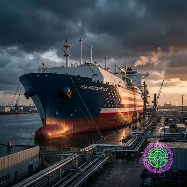 Cinematic wide shot of a massive US LNG tanker docking at a European terminal at twilight
