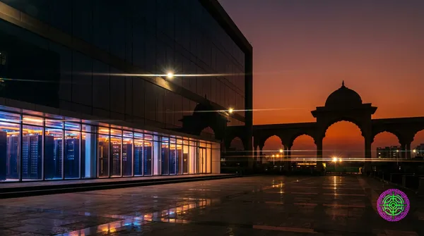 Fotorealistisches Rechenzentrum in Indien, das in der Abenddämmerung leuchtet.