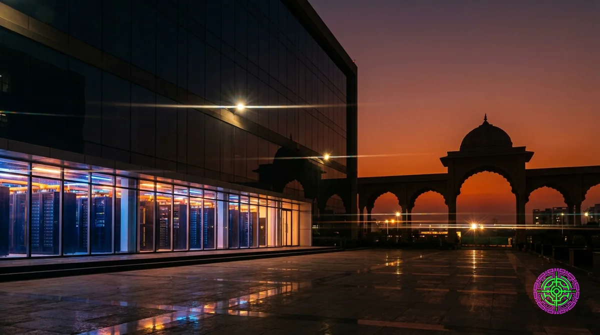 Centro de datos fotorrealista en la India brillando al atardecer.