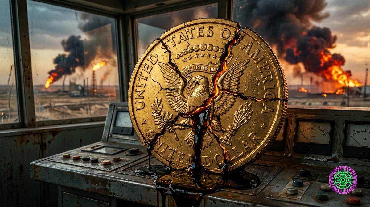 uma enorme moeda de dólar americano dourada rachando por dentro enquanto o petróleo bruto escorre por linhas de fratura brilhantes, sentada em uma mesa de controle de refinaria de aço com um campo de petróleo do Oriente Médio em chamas visível através de um vidro reforçado atrás dela, iluminação dramática de claro-escuro