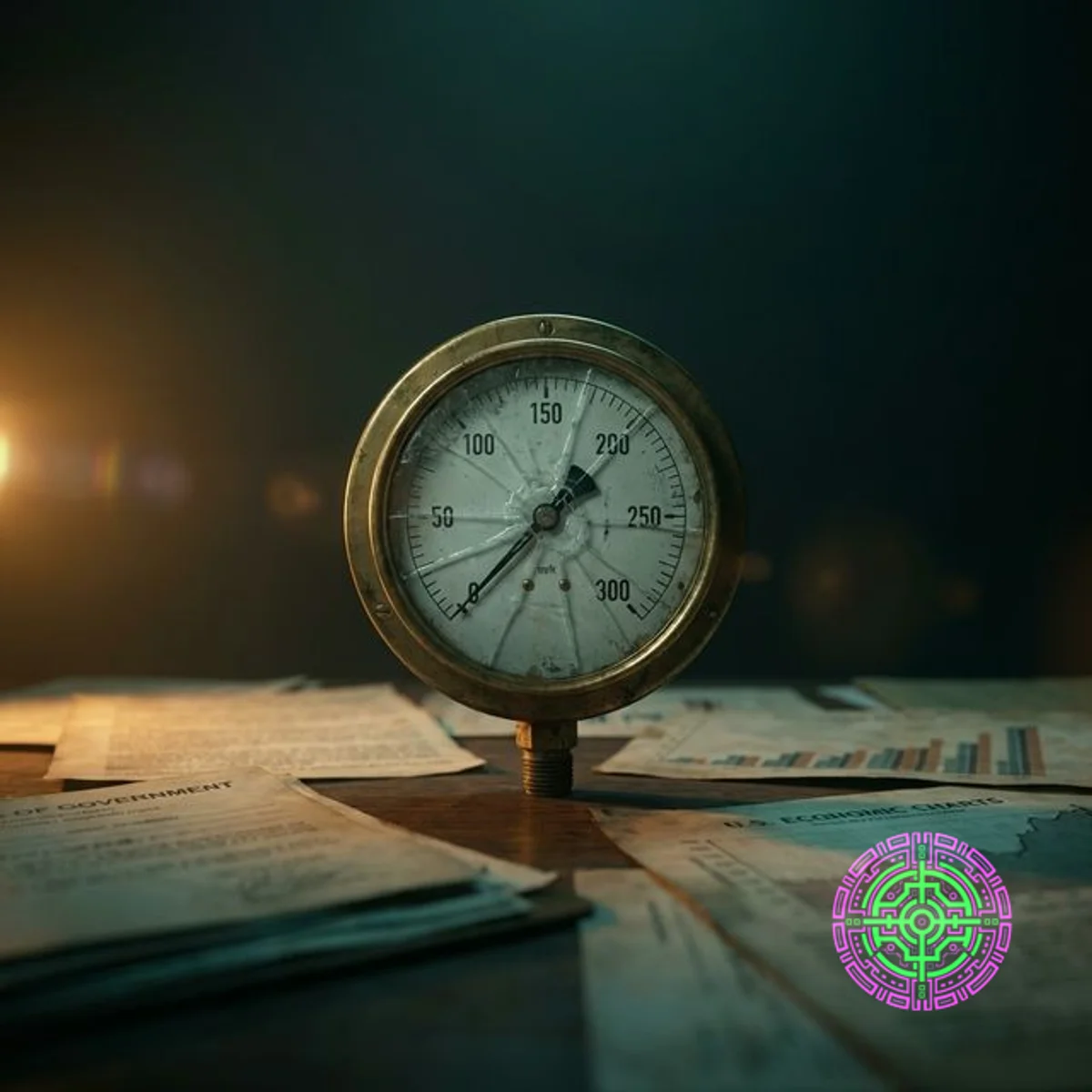 Ein gerissenes analoges Manometer mit festsitzender Nadel, das auf verstreuten Wirtschaftsgrafiken und Regierungsdokumenten unter dramatischer bernsteinfarbener Beleuchtung sitzt.