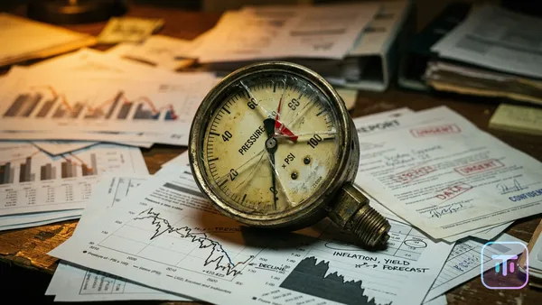 A cracked analog pressure gauge with its needle stuck, sitting on scattered economic charts and government documents under dramatic amber lighting.