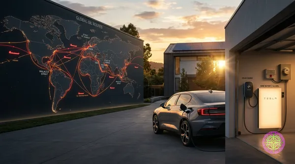 A modern EV plugged into a home solar battery system, dramatically lit with golden hour light against a backdrop of a geopolitical map plotting oil shipping lanes, striking and cinematic with ultra-wide 16:9 composition