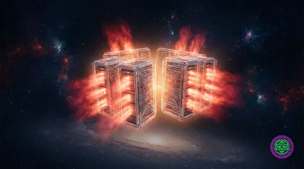 Abstract visualization of glowing server racks floating in the dark vacuum of space, radiating intense red heat, tech journalism style, cinematic aspect ratio, no text