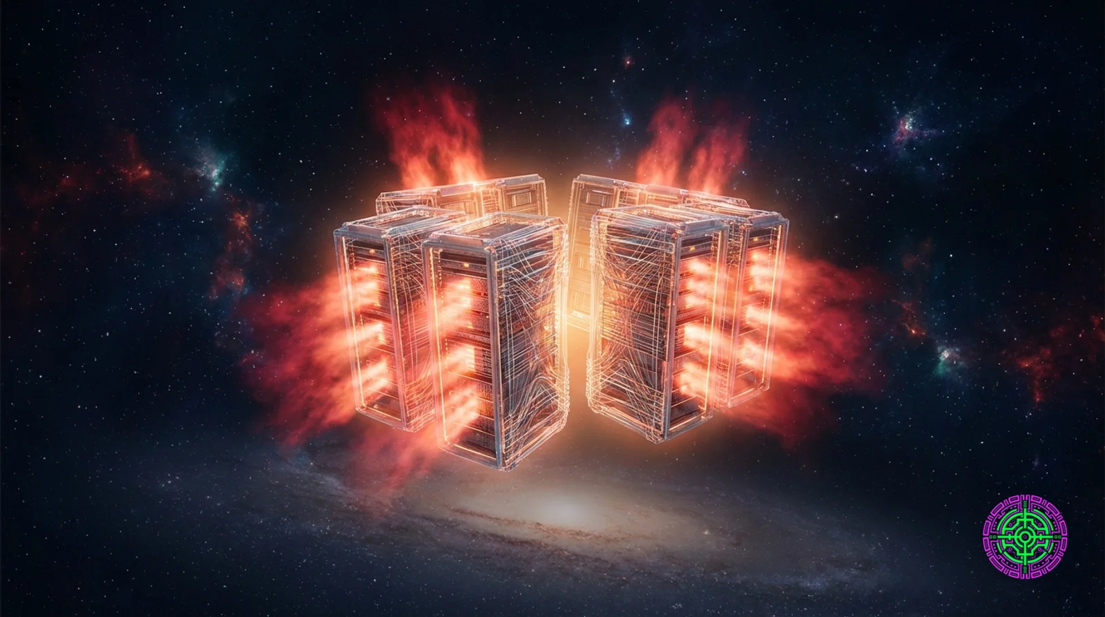 Abstract visualization of glowing server racks floating in the dark vacuum of space, radiating intense red heat, tech journalism style, cinematic aspect ratio, no text