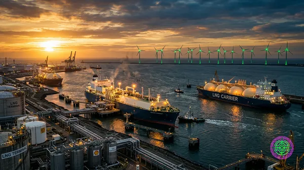kinematisch, dramatischer Industriehafen, massive Erdgas-Tankerschiffe, grün leuchtende Windturbinen in der Ferne, hoher Kontrast, goldene Stunde, 16:9-Seitenverhältnis