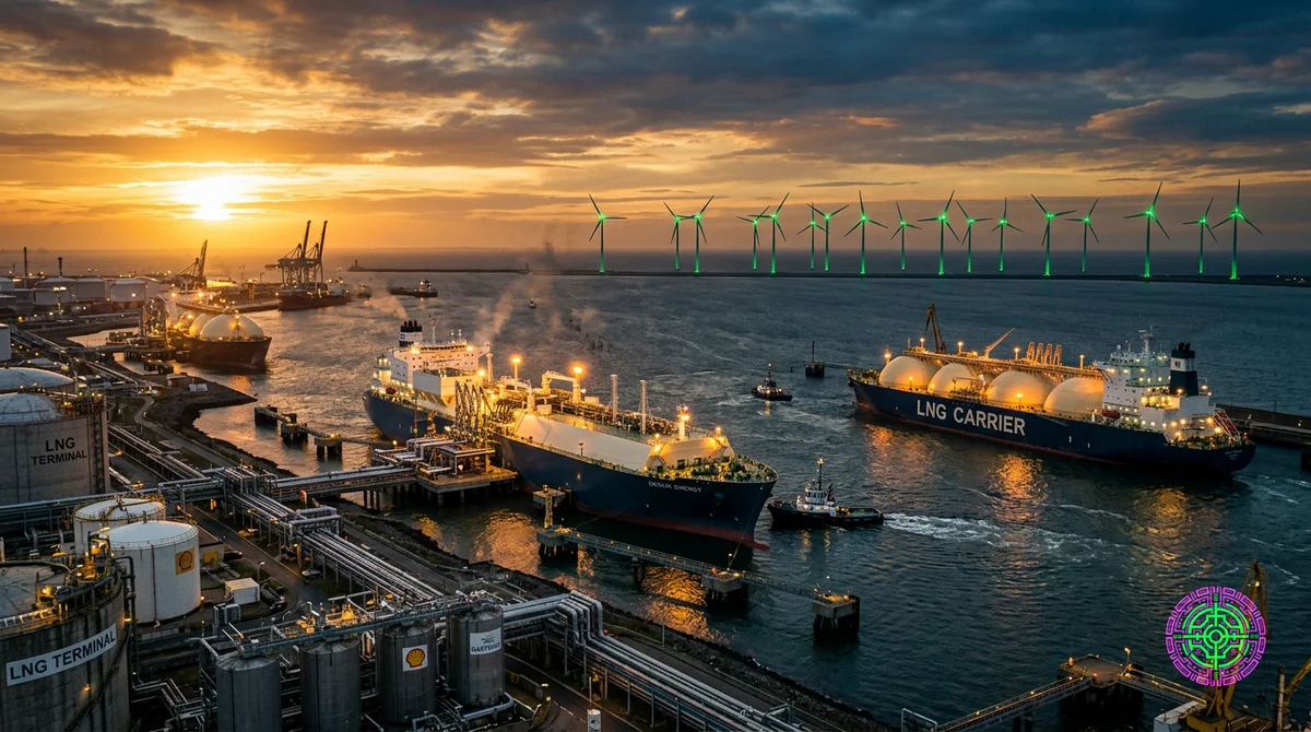 kinematisch, dramatischer Industriehafen, massive Erdgas-Tankerschiffe, grün leuchtende Windturbinen in der Ferne, hoher Kontrast, goldene Stunde, 16:9-Seitenverhältnis