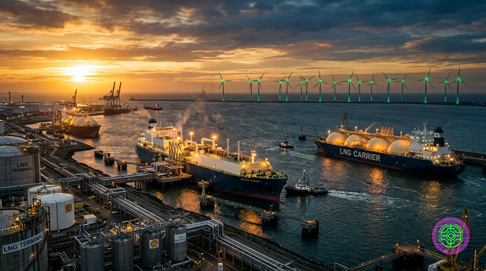 cinematic, dramatic industrial port, massive natural gas tanker ships, green glowing wind turbines in the distance, high contrast, golden hour, 16:9 aspect ratio