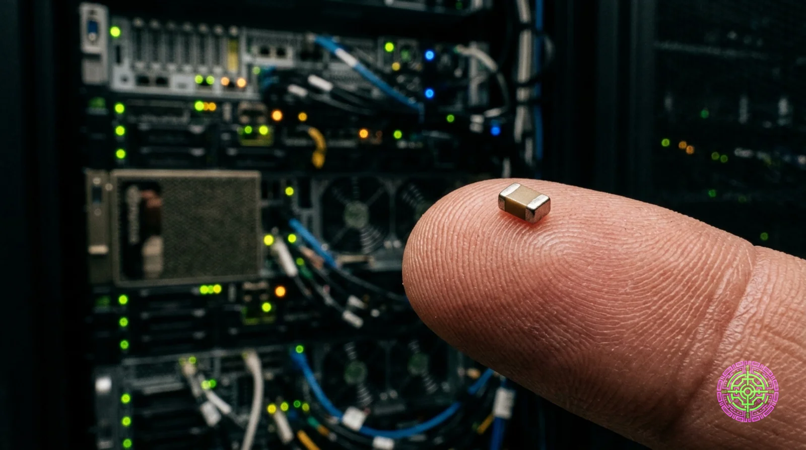 Extreme macro close-up of a tiny ceramic MLCC capacitor balanced on a fingertip with a massive blurred AI server rack in the background, photojournalistic style, shallow depth of field
