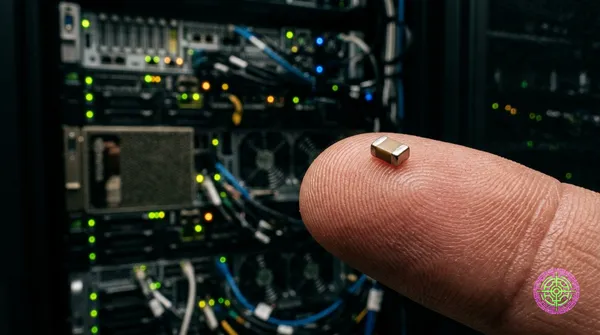 Extreme macro close-up of a tiny ceramic MLCC capacitor balanced on a fingertip with a massive blurred AI server rack in the background, photojournalistic style, shallow depth of field