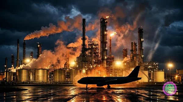 Dramatic night scene of a massive industrial oil refinery with towering distillation columns, gas flare stacks burning orange, and glowing jet fuel storage tanks under a stormy indigo sky, with a single commercial airliner in silhouette on a rain-slicked tarmac in the foreground
