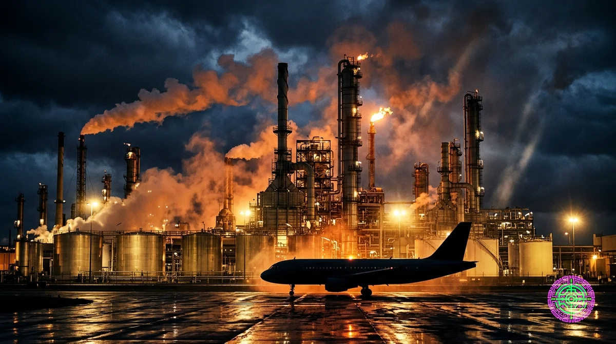 Escena nocturna dramática de una enorme refinería de petróleo industrial con imponentes columnas de destilación, antorchas de gas que arden en naranja y brillantes tanques de almacenamiento de combustible para aviones bajo un cielo índigo tormentoso, con un solo avión comercial en silueta en una pista de aterrizaje resbaladiza por la lluvia en primer plano