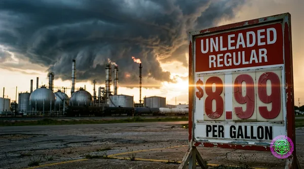 A gas station price sign in front of a Gulf Coast oil refinery under an approaching hurricane sky, late afternoon golden hour, photojournalistic documentary style, shot on 35mm f1.4