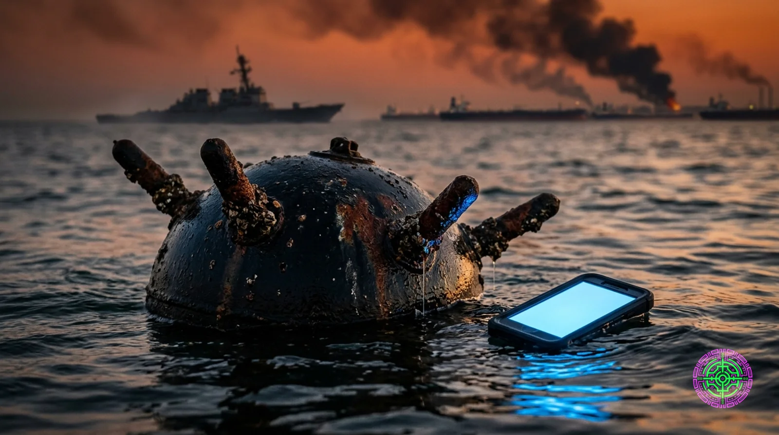 A massive rust-streaked Iranian naval contact mine with menacing iron horn prongs half-submerged in dark Persian Gulf water in the center foreground, a small modern smartphone with a blank glowing blue screen floats beside it on the water, mid-ground shows a US Navy destroyer in silhouette through haze, far background shows stranded supertankers anchored at the horizon under a blood-red apocalyptic sunset sky with columns of black smoke rising from burning oil infrastructure on the distant coastline, Pulitzer Prize photojournalistic war photography style with extreme chiaroscuro lighting