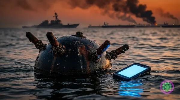 A massive rust-streaked Iranian naval contact mine with menacing iron horn prongs half-submerged in dark Persian Gulf water in the center foreground, a small modern smartphone with a blank glowing blue screen floats beside it on the water, mid-ground shows a US Navy destroyer in silhouette through haze, far background shows stranded supertankers anchored at the horizon under a blood-red apocalyptic sunset sky with columns of black smoke rising from burning oil infrastructure on the distant coastline, Pulitzer Prize photojournalistic war photography style with extreme chiaroscuro lighting