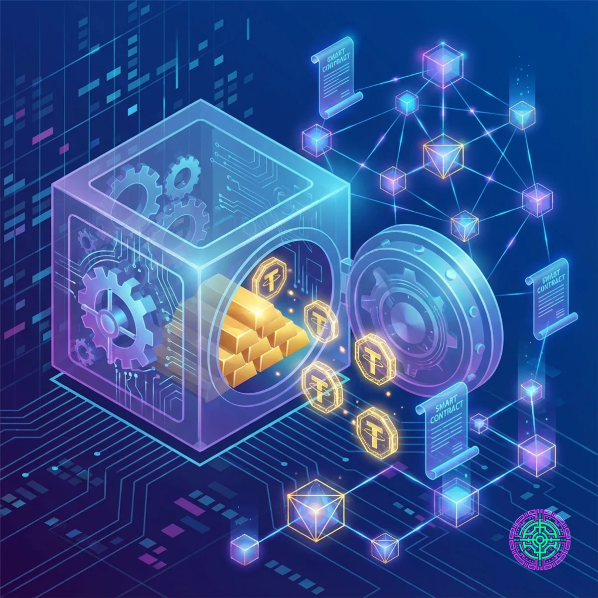 Digitale Darstellung eines Banktresors, der mit Blockchain-Knoten und Smart Contracts verschmilzt