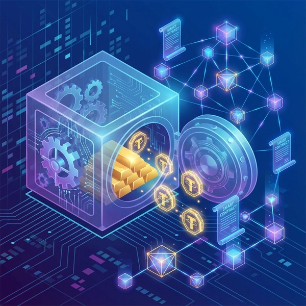 Digital representation of a bank vault merging with blockchain nodes and smart contracts