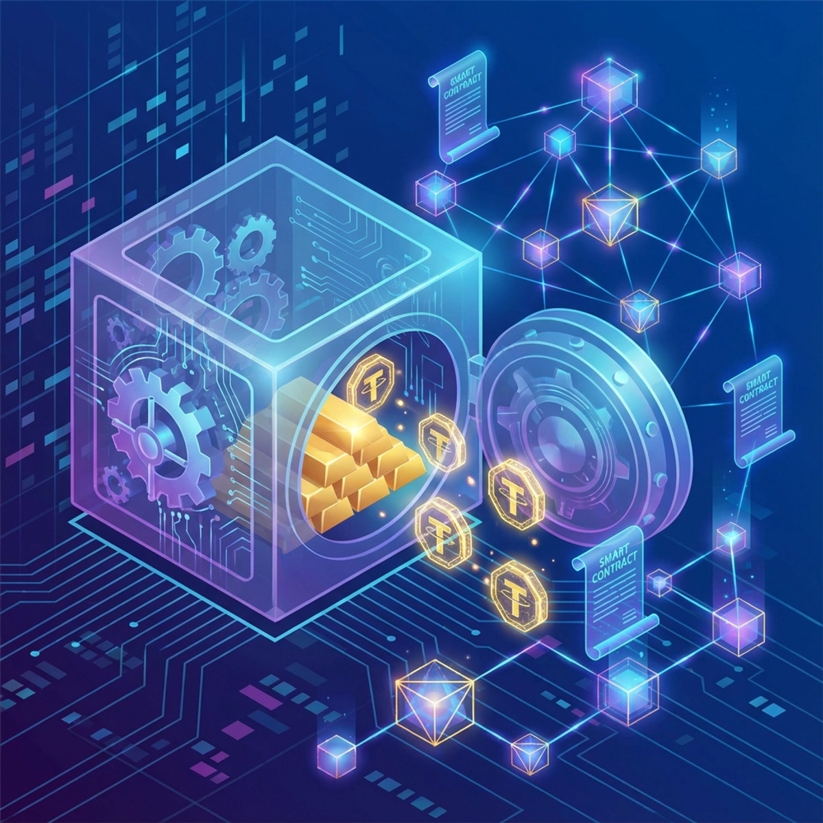 Digital representation of a bank vault merging with blockchain nodes and smart contracts
