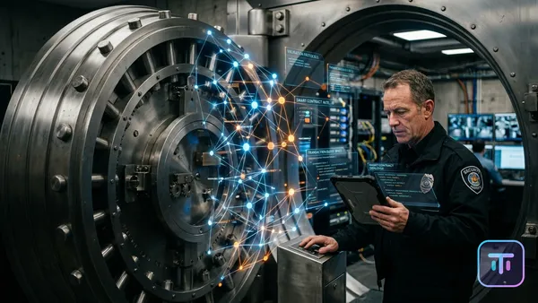Digitale Darstellung eines Banktresors, der mit Blockchain-Knoten und Smart Contracts verschmilzt