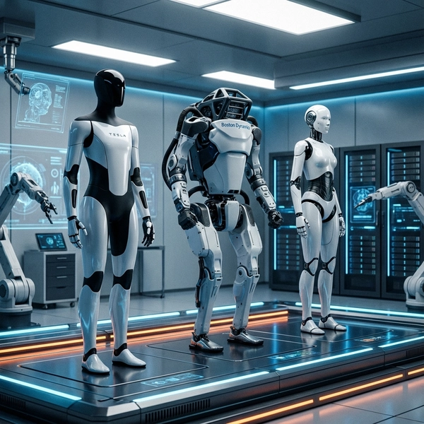 A futuristic lineup of advanced humanoid robots standing in a high-tech laboratory.