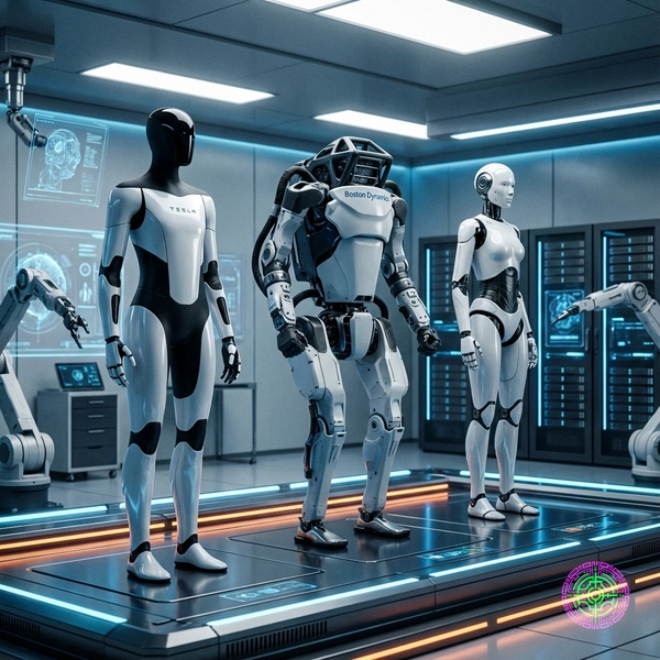 A futuristic lineup of advanced humanoid robots standing in a high-tech laboratory.