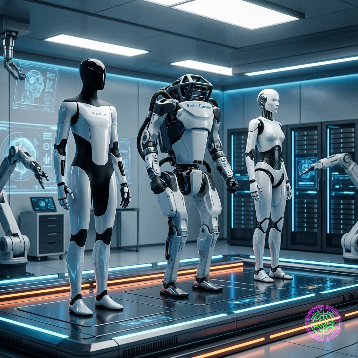 Eine futuristische Aufstellung fortschrittlicher humanoider Roboter, die in einem Hightech-Labor stehen.