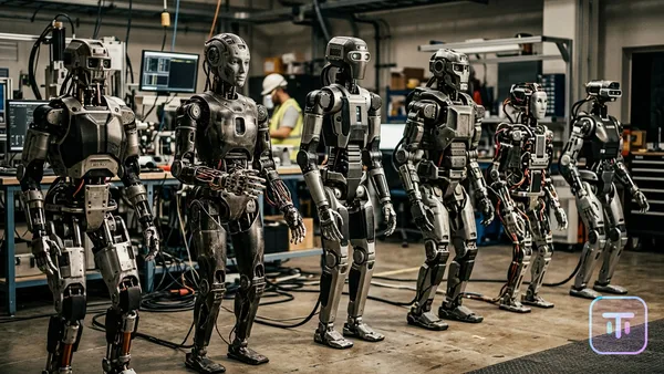 Une gamme futuriste de robots humanoïdes avancés se tenant dans un laboratoire de haute technologie.