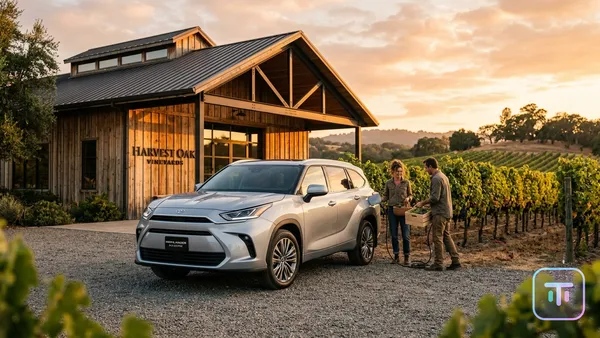 A silver 2027 Toyota Highlander EV parked in front of a modern vineyard barn structure at golden hour.