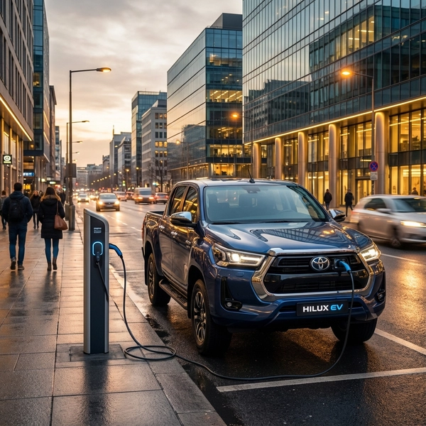 Toyota Hilux electric pickup truck charging in a modern city street