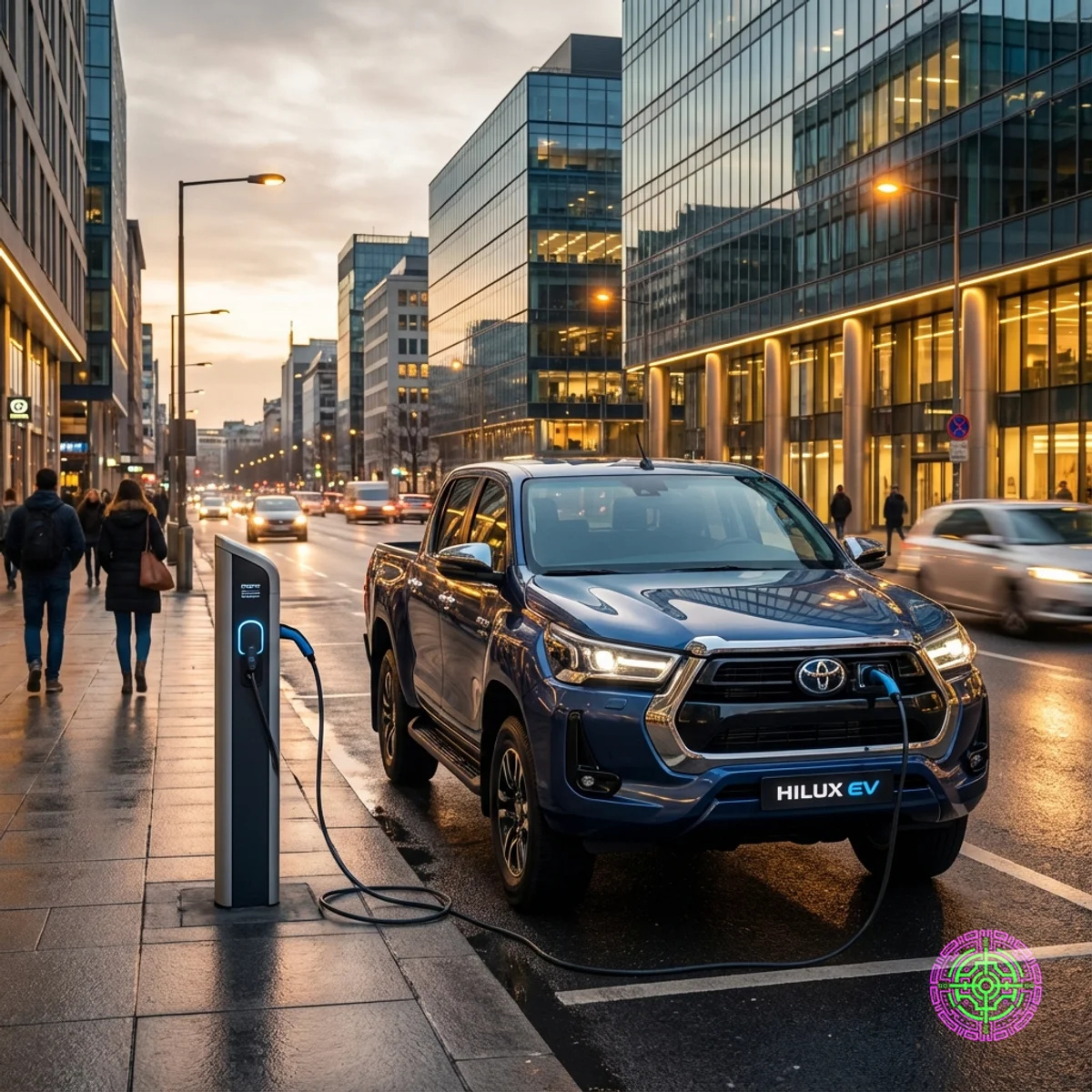 Camioneta pickup eléctrica Toyota Hilux cargando en una calle moderna de la ciudad