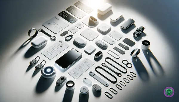 Collection of smart tracking devices arranged on a clean white surface