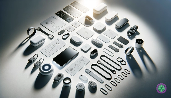 Collection of smart tracking devices arranged on a clean white surface